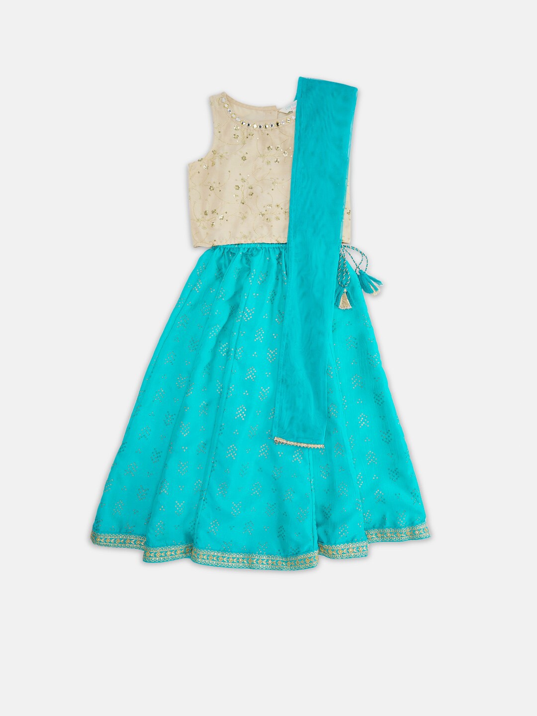 

AKKRITI BY PANTALOONS Girls Turquoise Blue & Cream-Coloured Embroidered Sequinned Ready to Wear Lehenga &