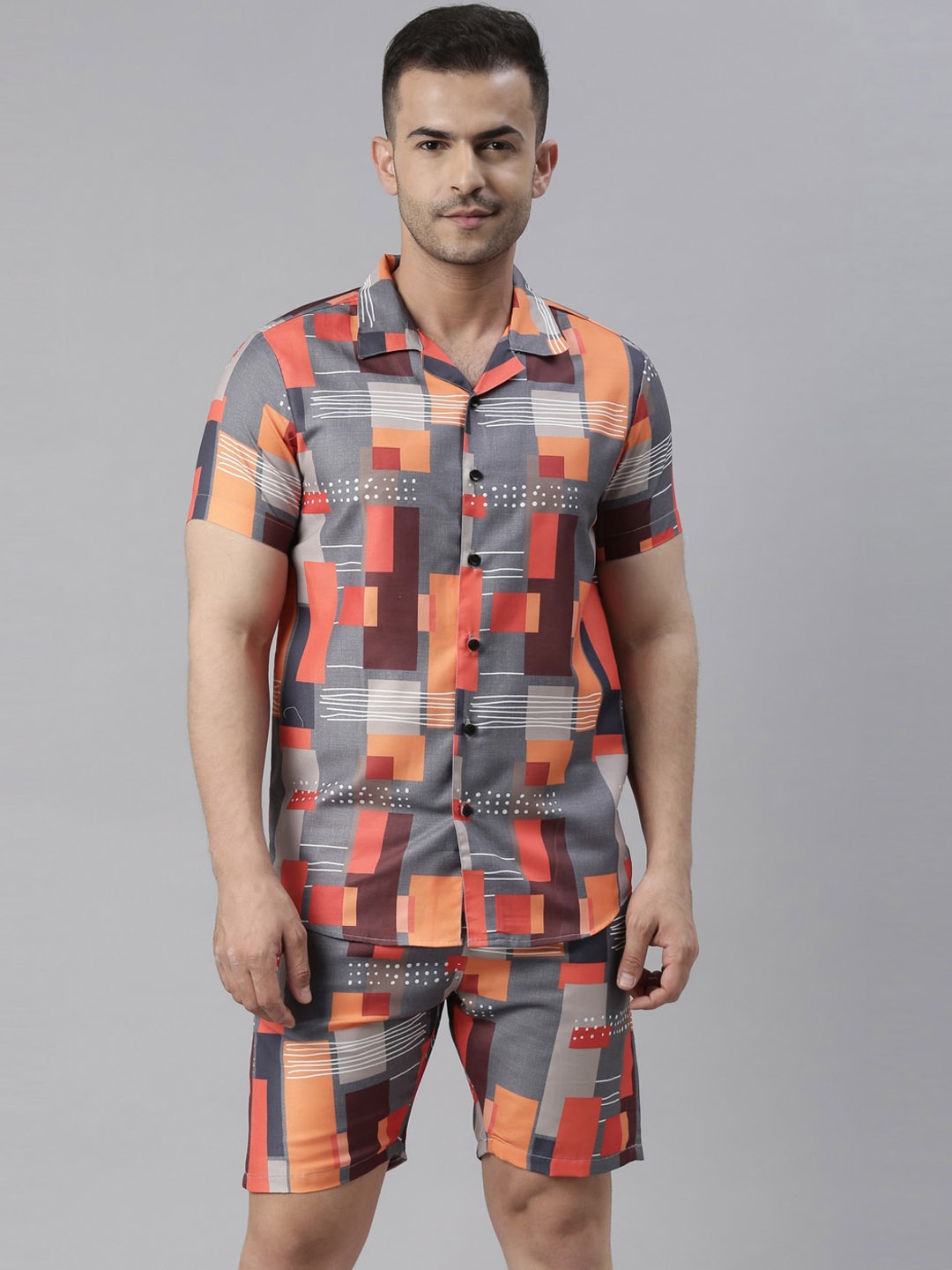 

Bushirt Men Grey & Orange Printed Night Suit