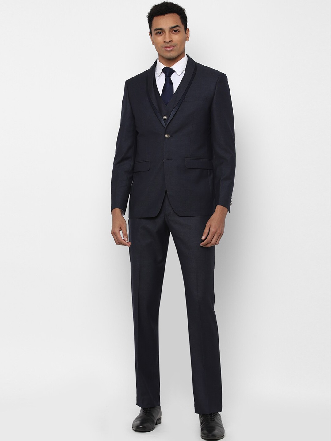 

Allen Solly Men Navy Blue Self Design Slim Fit Three Piece Suit