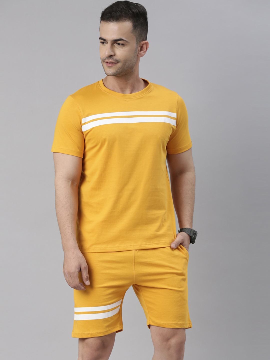 

Bushirt Men Mustard & White Striped Pure Cotton Night Suit