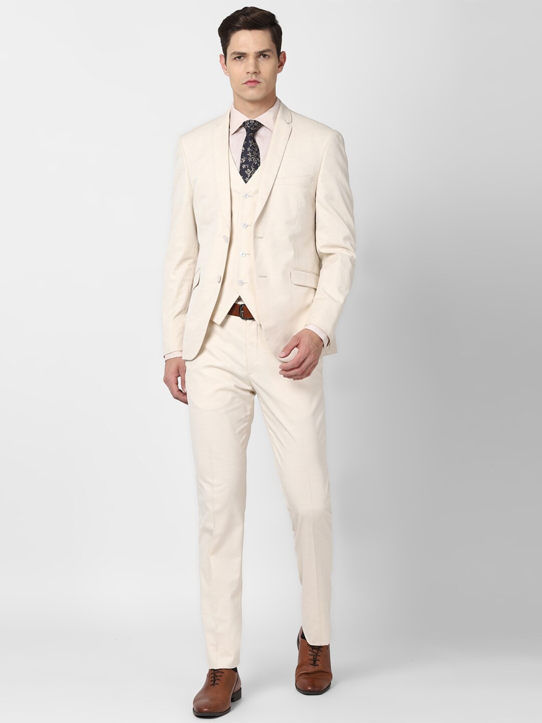 

V Dot Men Cream-Colored Solid Slim-Fit Single-Breasted Formal Suit
