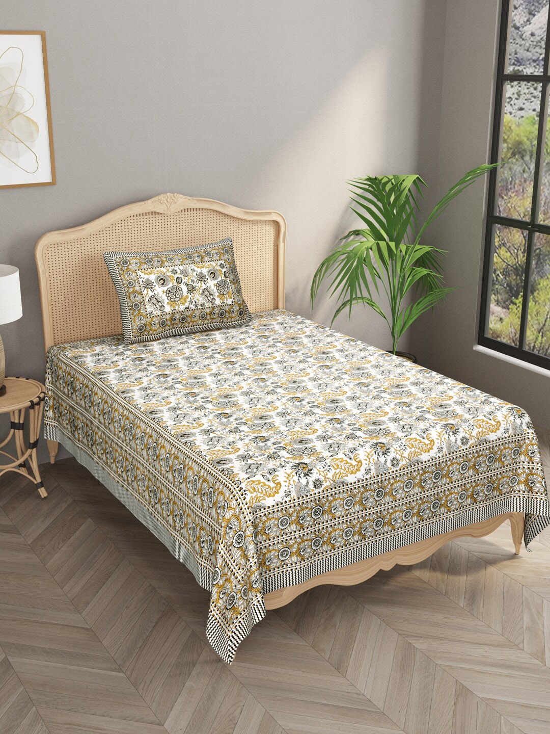 

Gulaab Jaipur Green & Navy Blue Floral 600 TC Single Bedsheet with 1 Pillow Covers