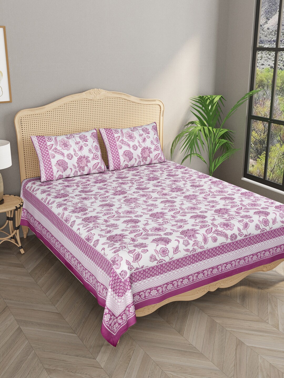 

Gulaab Jaipur Purple & White Floral 600 TC King Bedsheet with 2 Pillow Covers