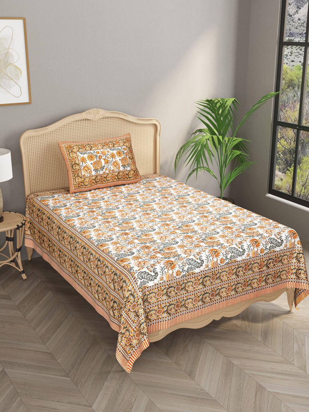 

Gulaab Jaipur Orange & White Floral 600 TC Single Bedsheet with 1 Pillow Covers