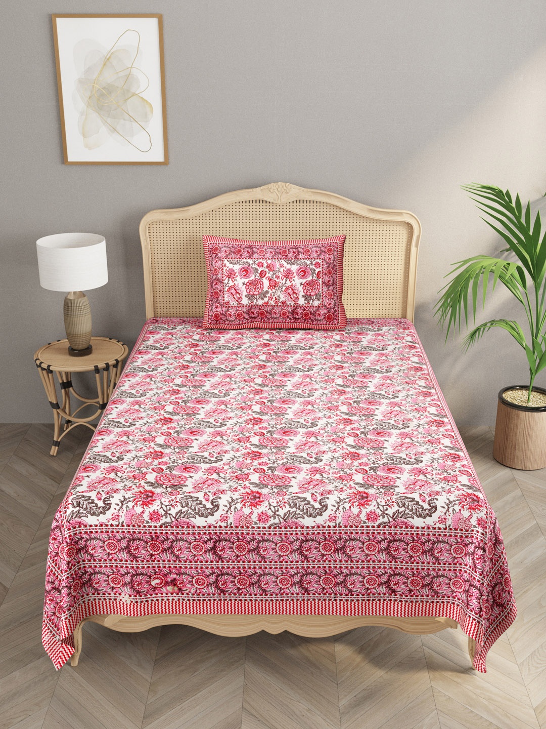 

Gulaab Jaipur Pink & White Floral 600 TC Single Bedsheet with 1 Pillow Cover