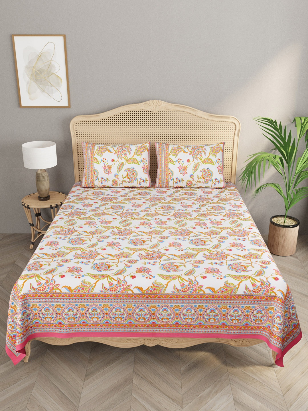 

Gulaab Jaipur Blue & Orange Floral 600 TC King Bedsheet with 2 Pillow Covers