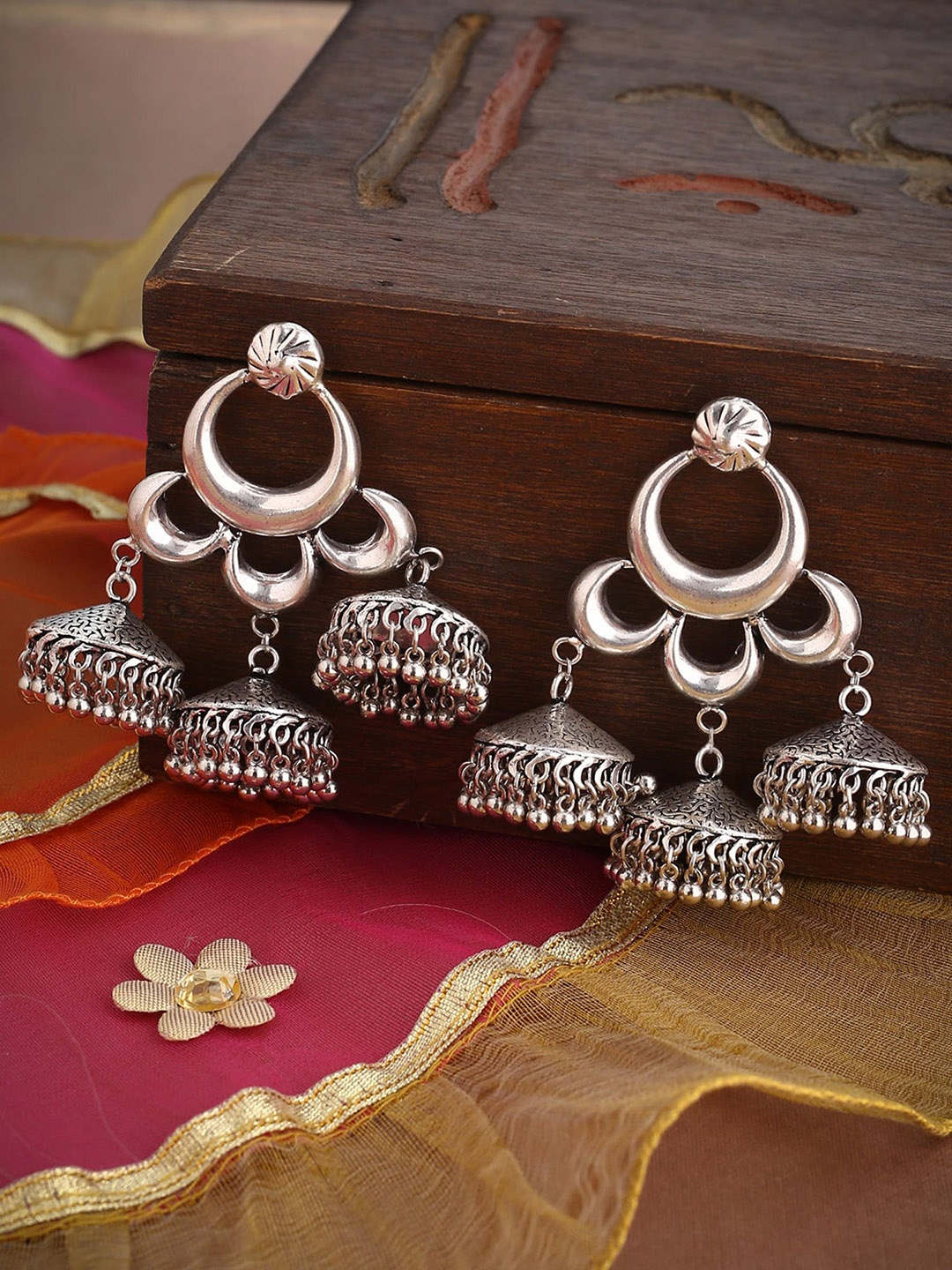 

Shoshaa Silver-Toned Dome Shaped Jhumkas Earrings