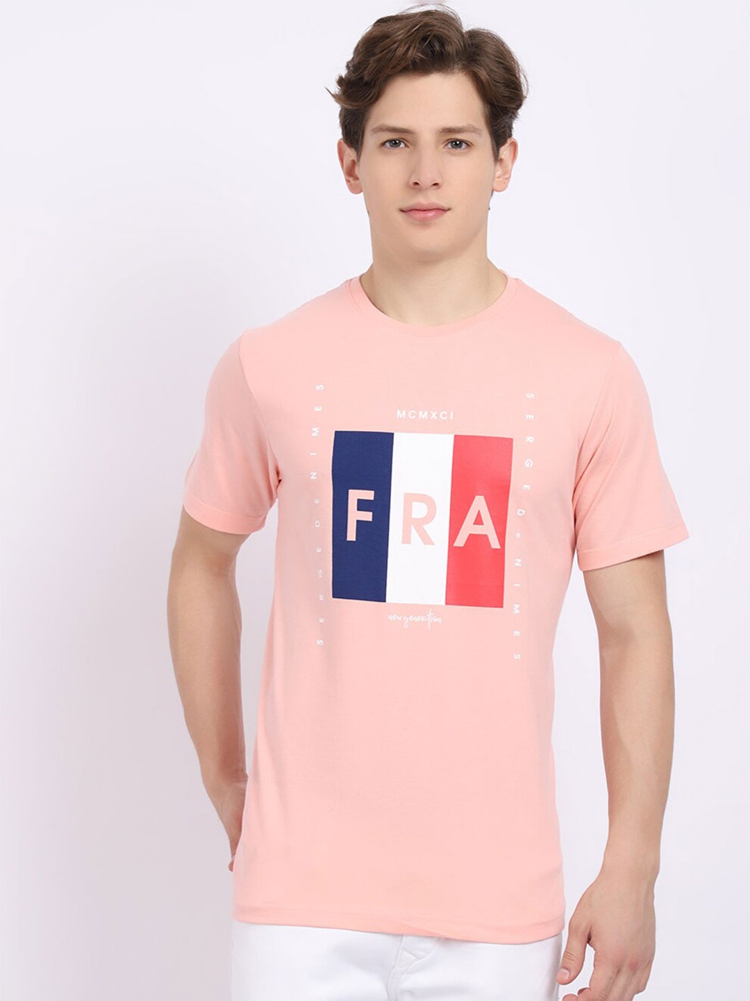 VENITIAN Men Pink Typography Printed Applique Slim Fit T-shirt