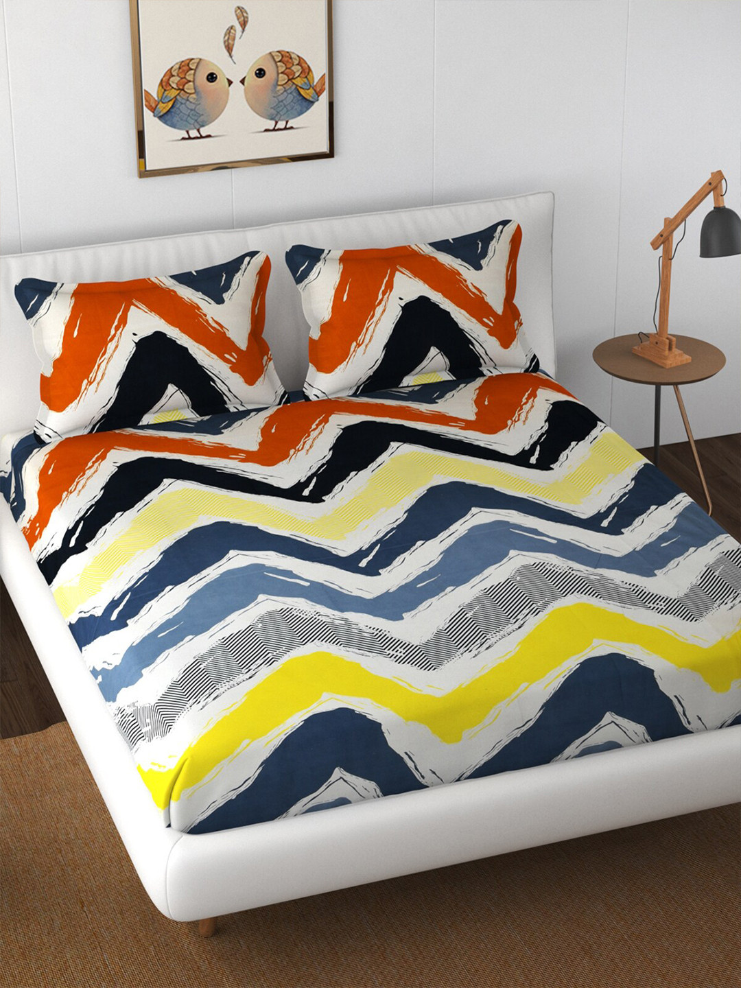 

Florida Yellow & Blue Geometric 144 TC King Bedsheet with 2 Pillow Covers