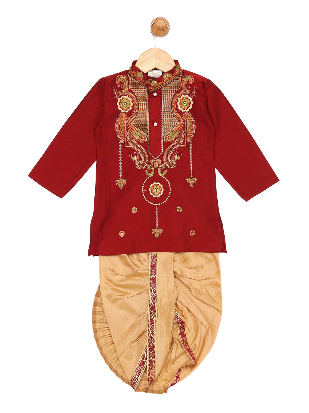 

JBN Creation Boys Maroon Ethnic Motifs Embroidered Angrakha Thread Work Kurta with Dhoti Pants