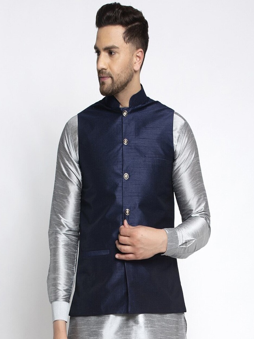 

Kaifoo Men Navy Blue Solid Silk Nehru Jackets