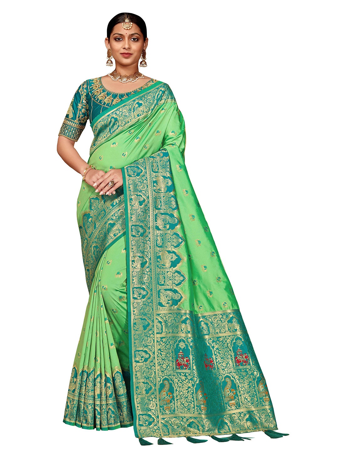 

MANOHARI Green & Blue Woven Design Zari Silk Blend Banarasi Saree