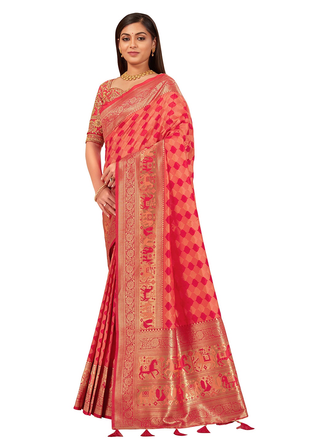 

MANOHARI Peach-Coloured & Red Woven Design Silk Blend Banarasi Saree