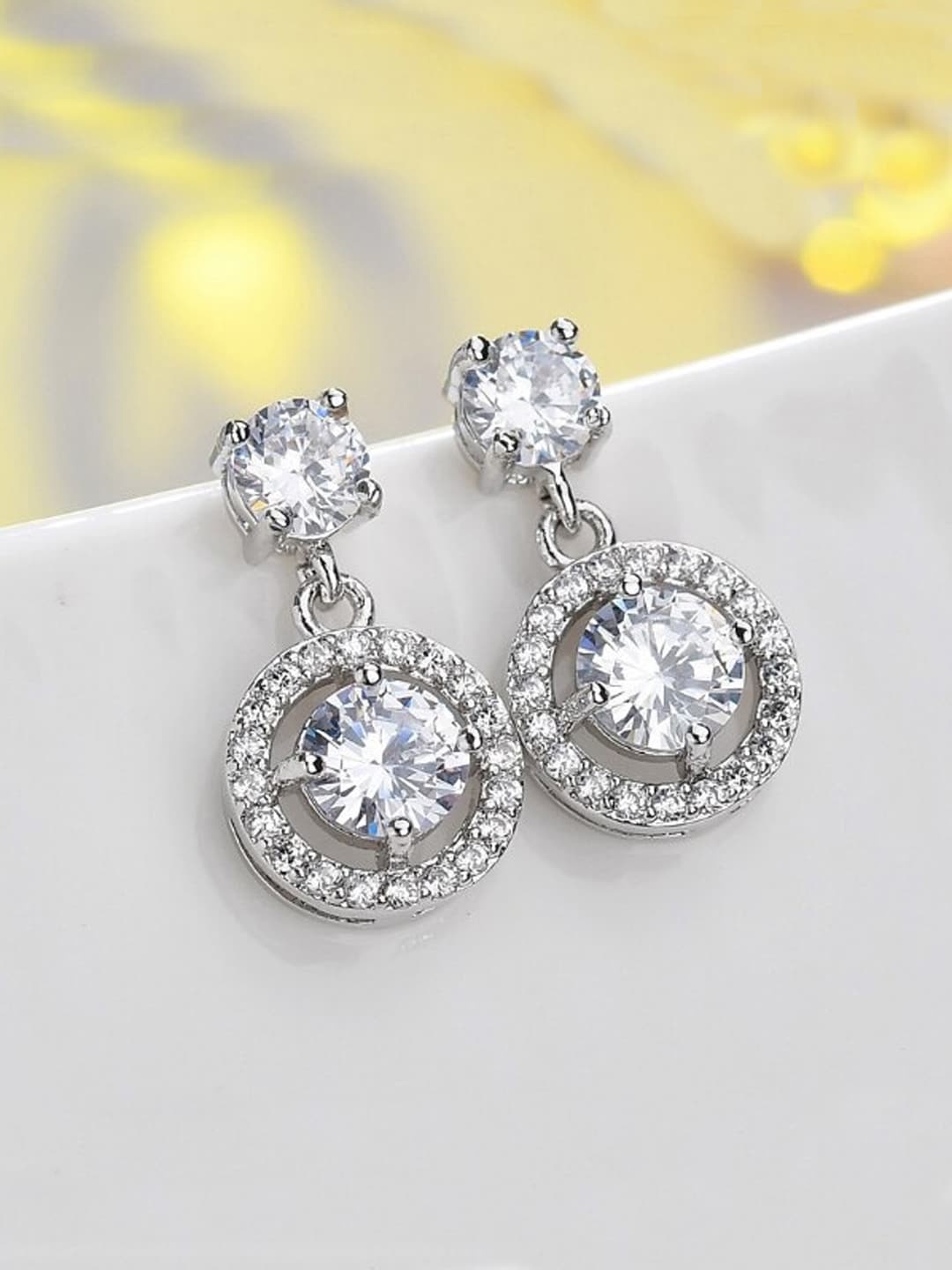 

Yellow Chimes White Crystal Silver-toned Glamour Spark Drop Earrings