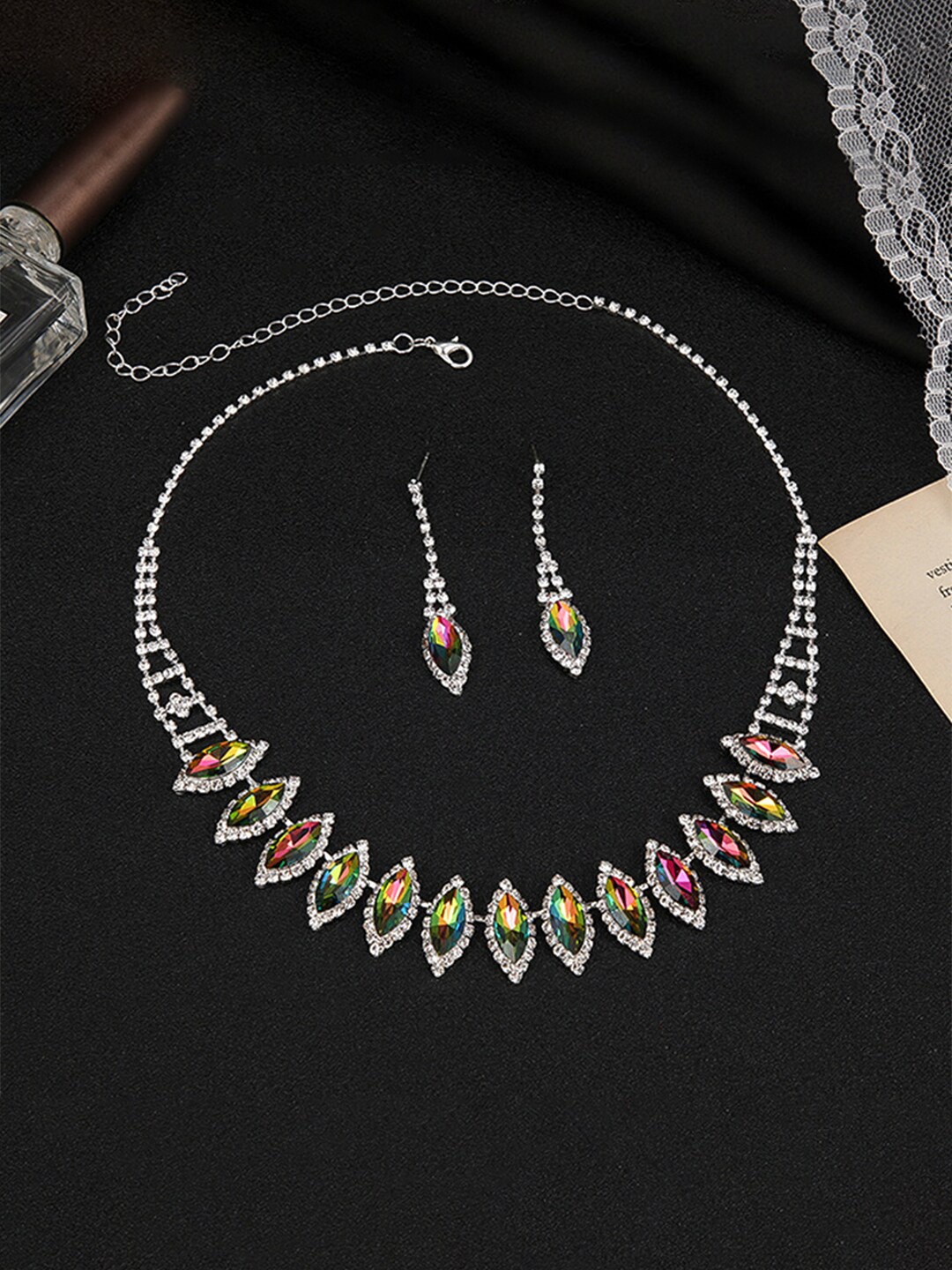 Yellow Chimes Silver-Plated White & Red Crystal-Studded Jewellery Set