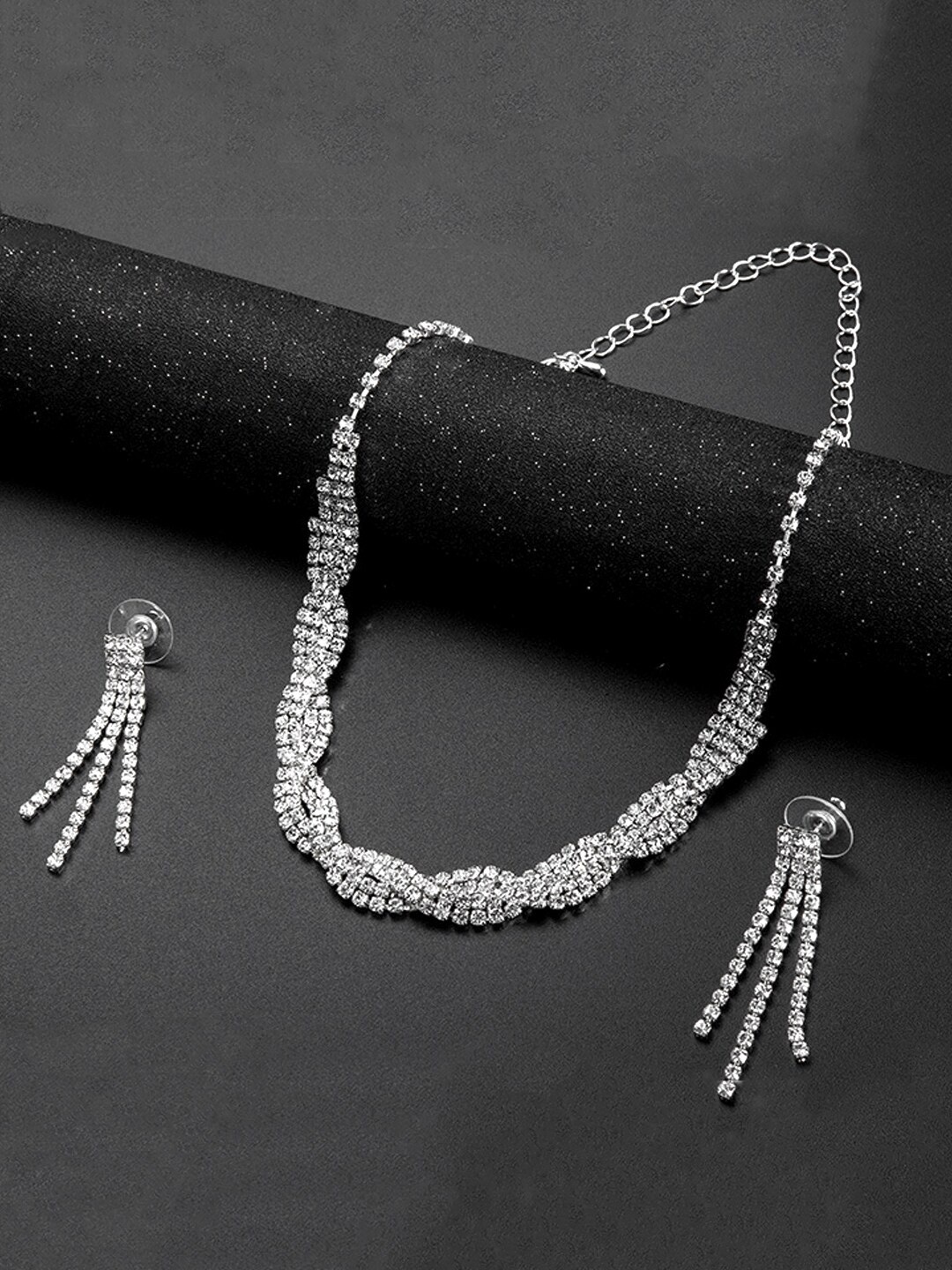 

Yellow Chimes Silver-Plated White Crystal-Studded Jewellery Set
