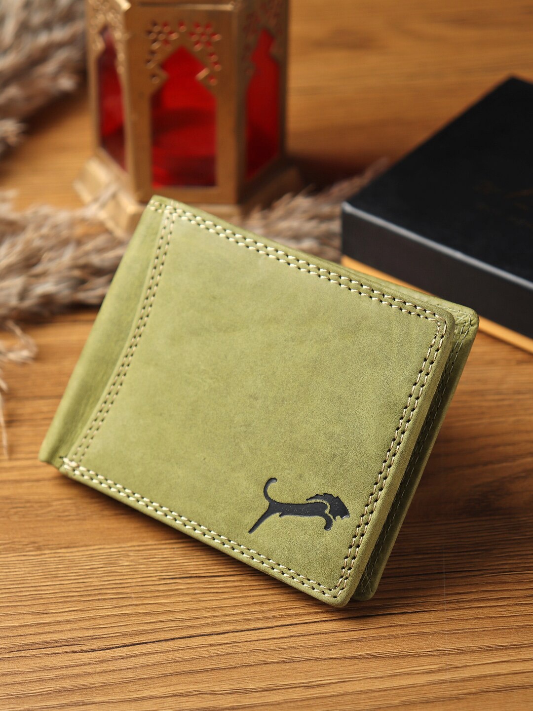 

WILD EDGE Men Olive Green Leather Money Clip