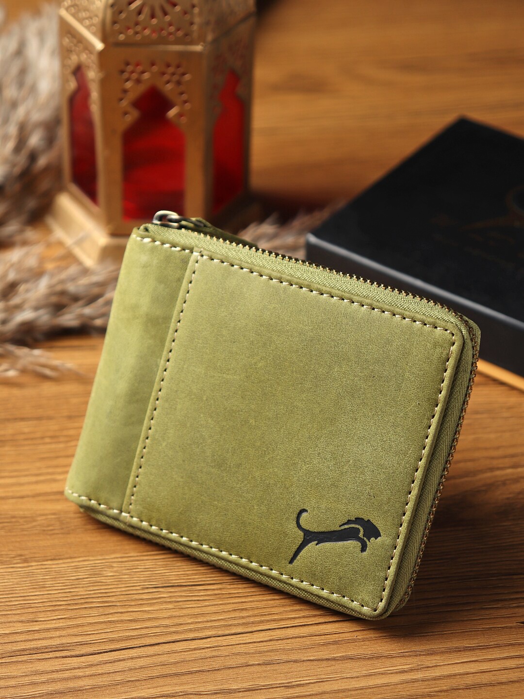

WILD EDGE Unisex Olive Green & Black Animal Printed Leather Zip Around Wallet