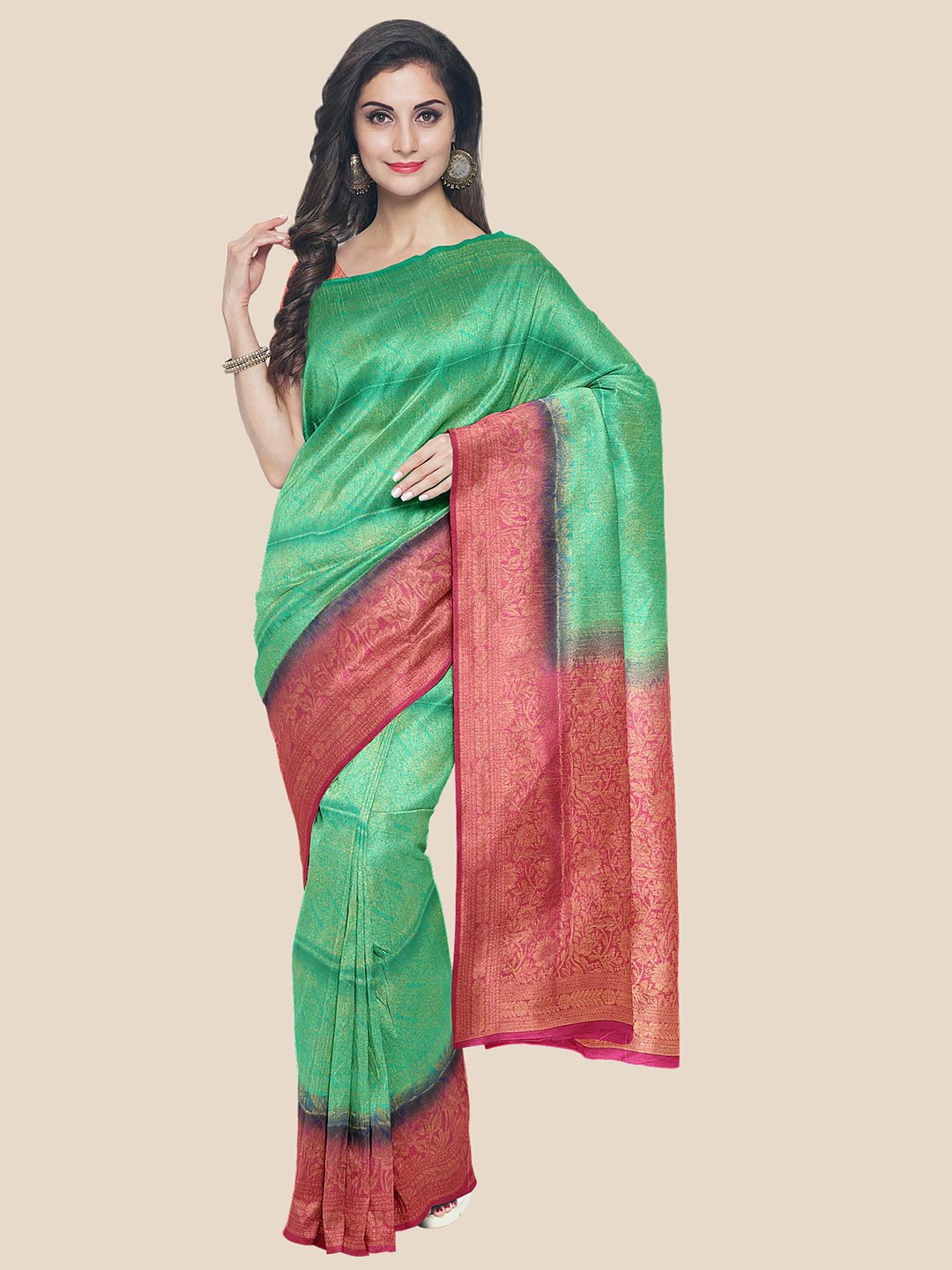 

Kalamandir Green & Pink Woven Design Silk Blend Banarasi Saree