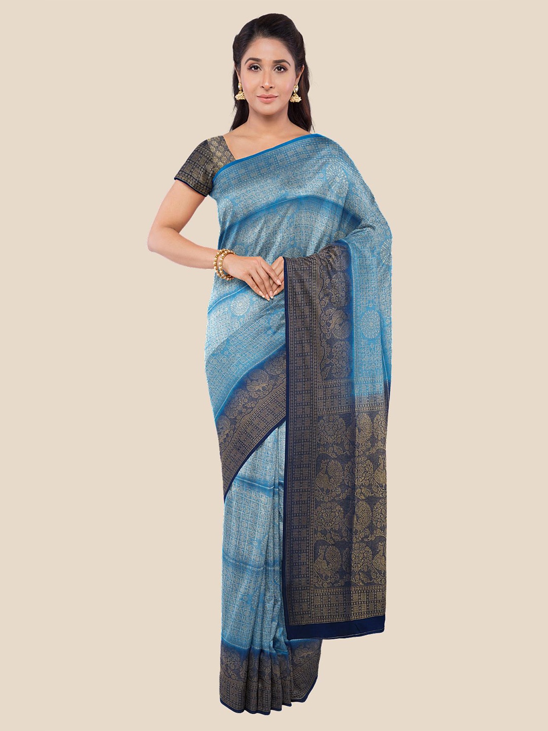 

Kalamandir Blue & Gold-Toned Ethnic Motifs Silk Blend Saree