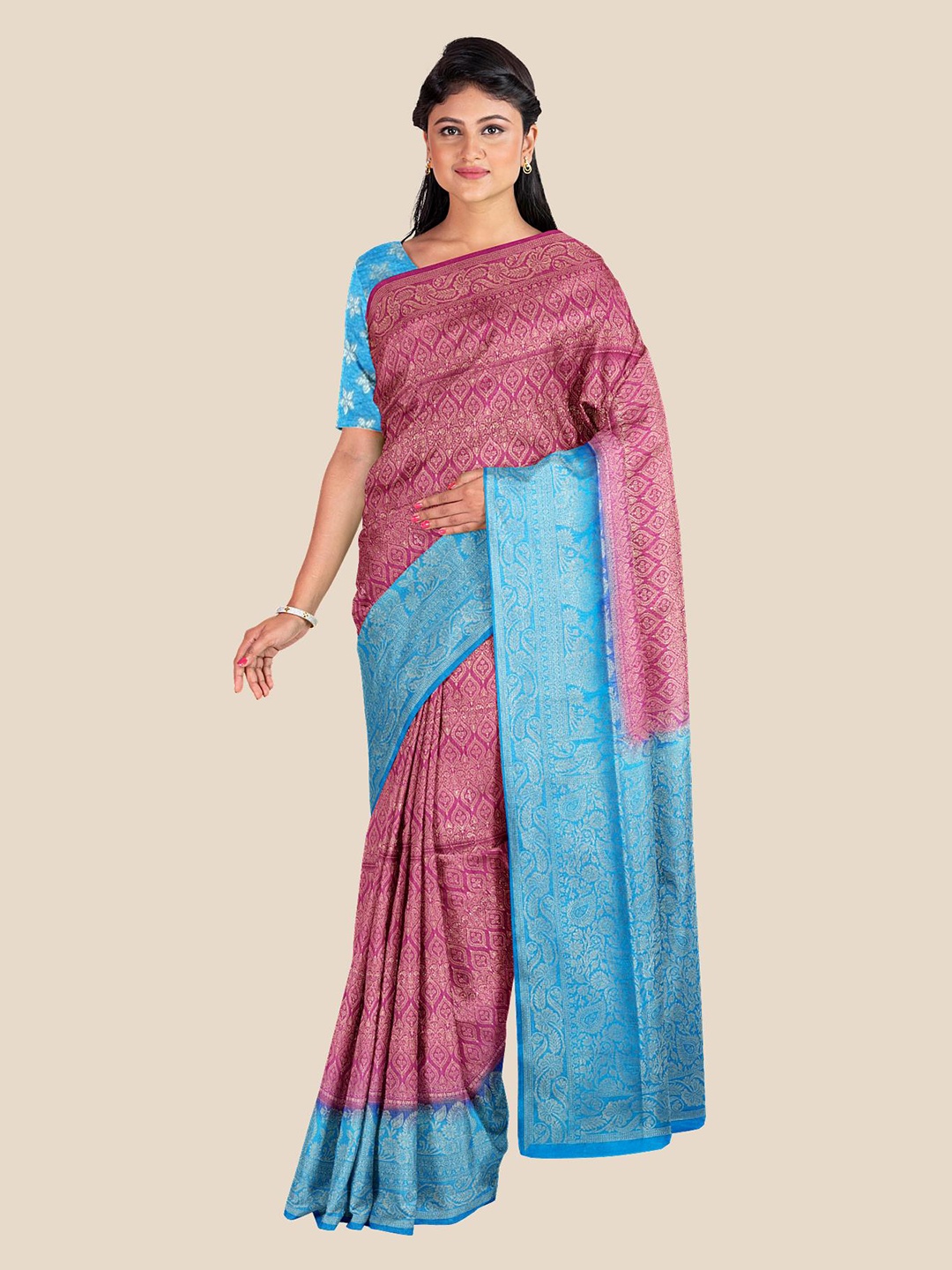 

Kalamandir Pink & Blue Floral Zari Silk Blend Banarasi Saree