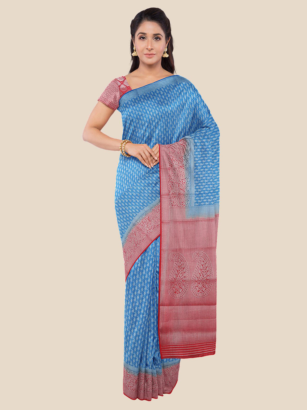 

Kalamandir Blue & Red Woven Design Zari Silk Blend Banarasi Saree