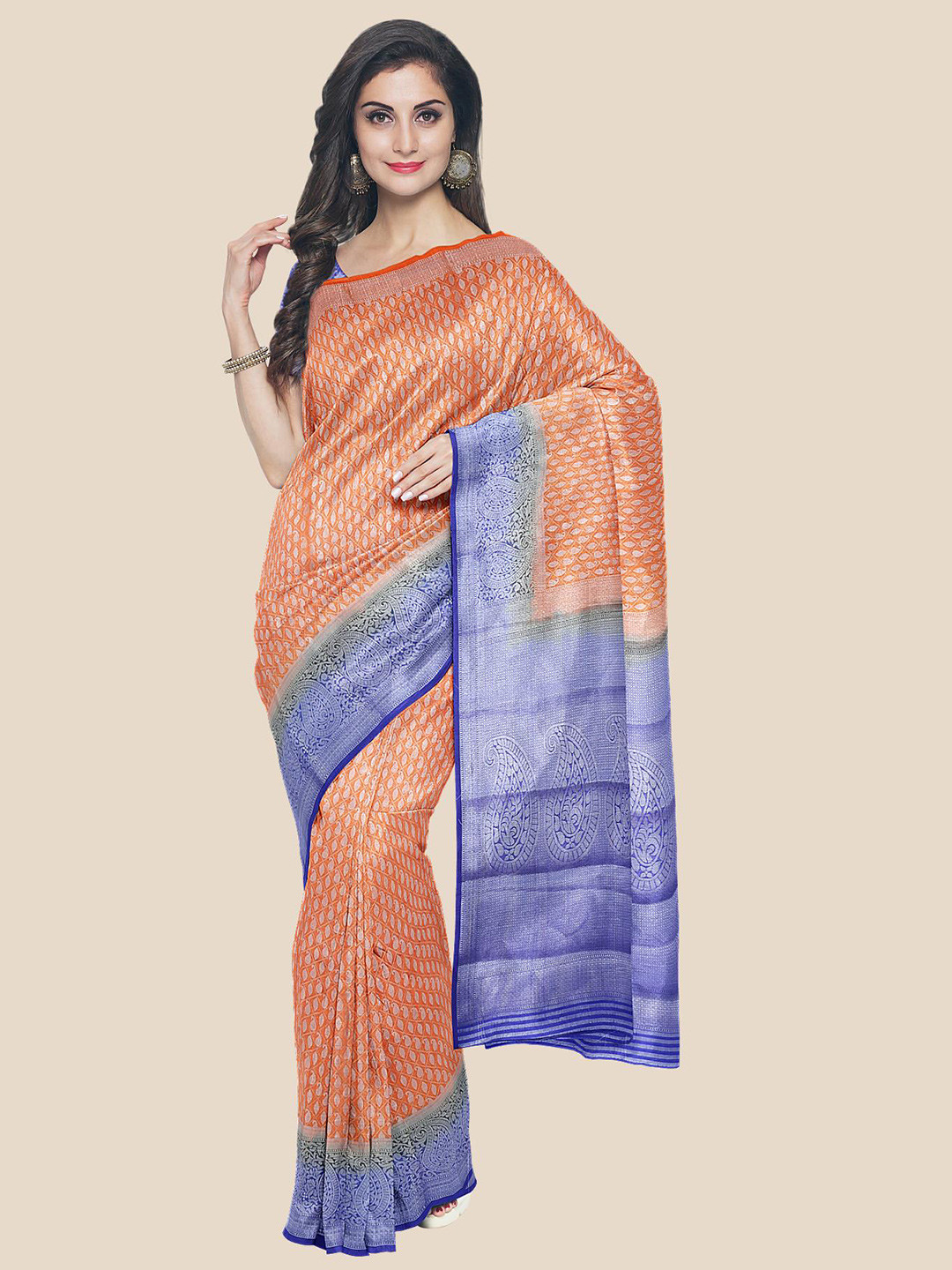 

Kalamandir Orange & Blue Woven Design Zari Silk Blend Banarasi Saree