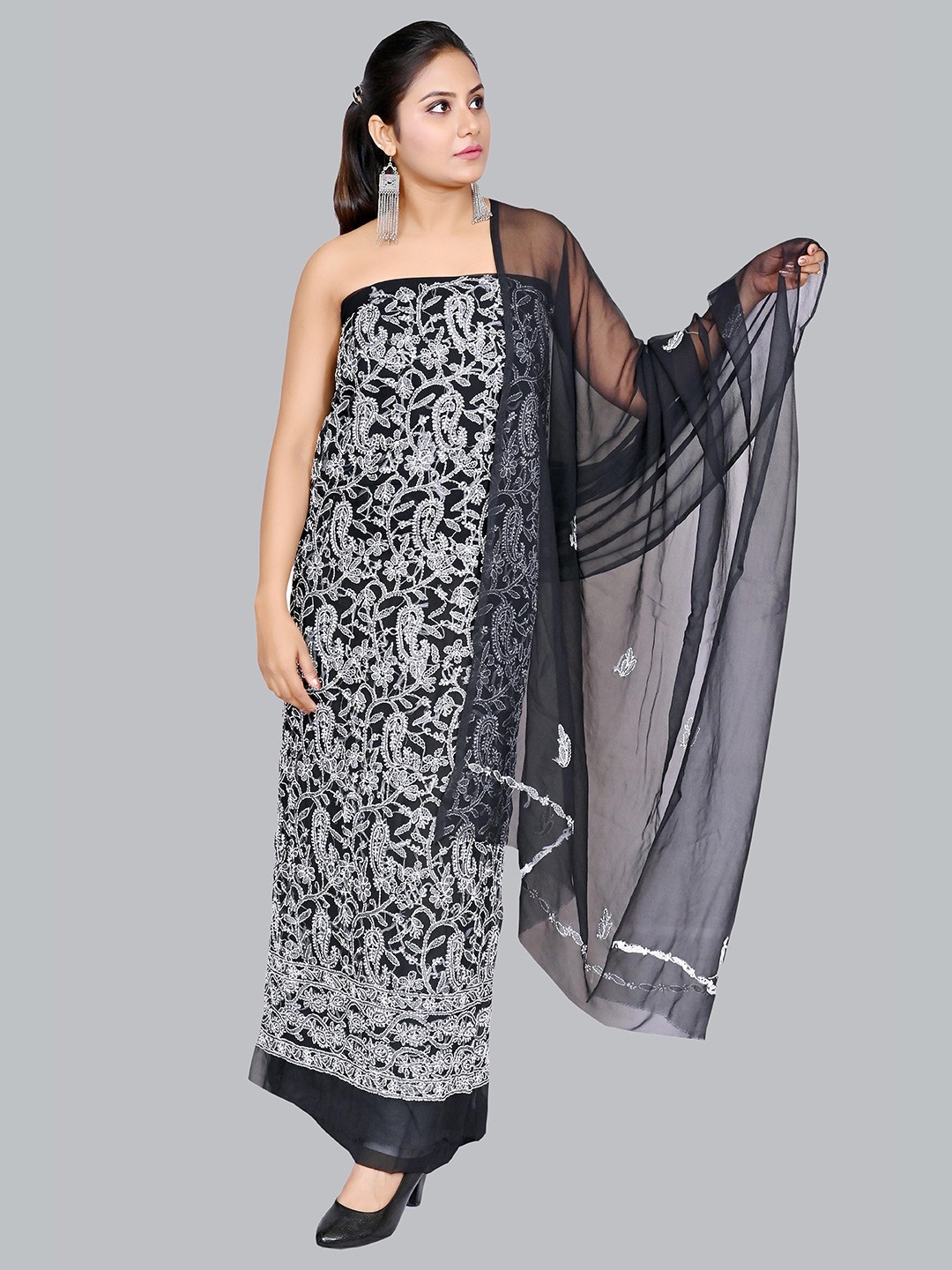 

FAWOMENT Black & Silver-Toned Embroidered Unstitched Dress Material