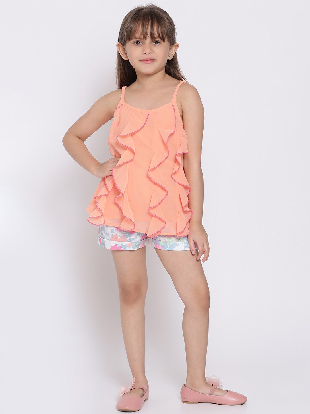 

Nauti Nati Girls Peach-Coloured & White Top with Shorts