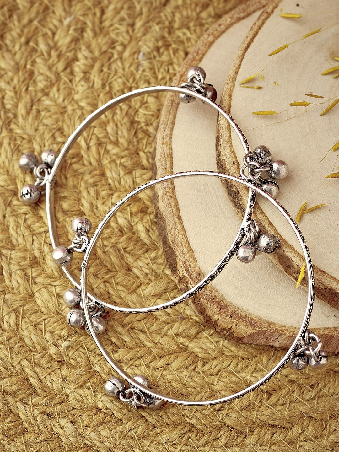 

ATIBELLE Set Of 2 Oxidised Silver-Plated & Textured Ghungroo Bangles