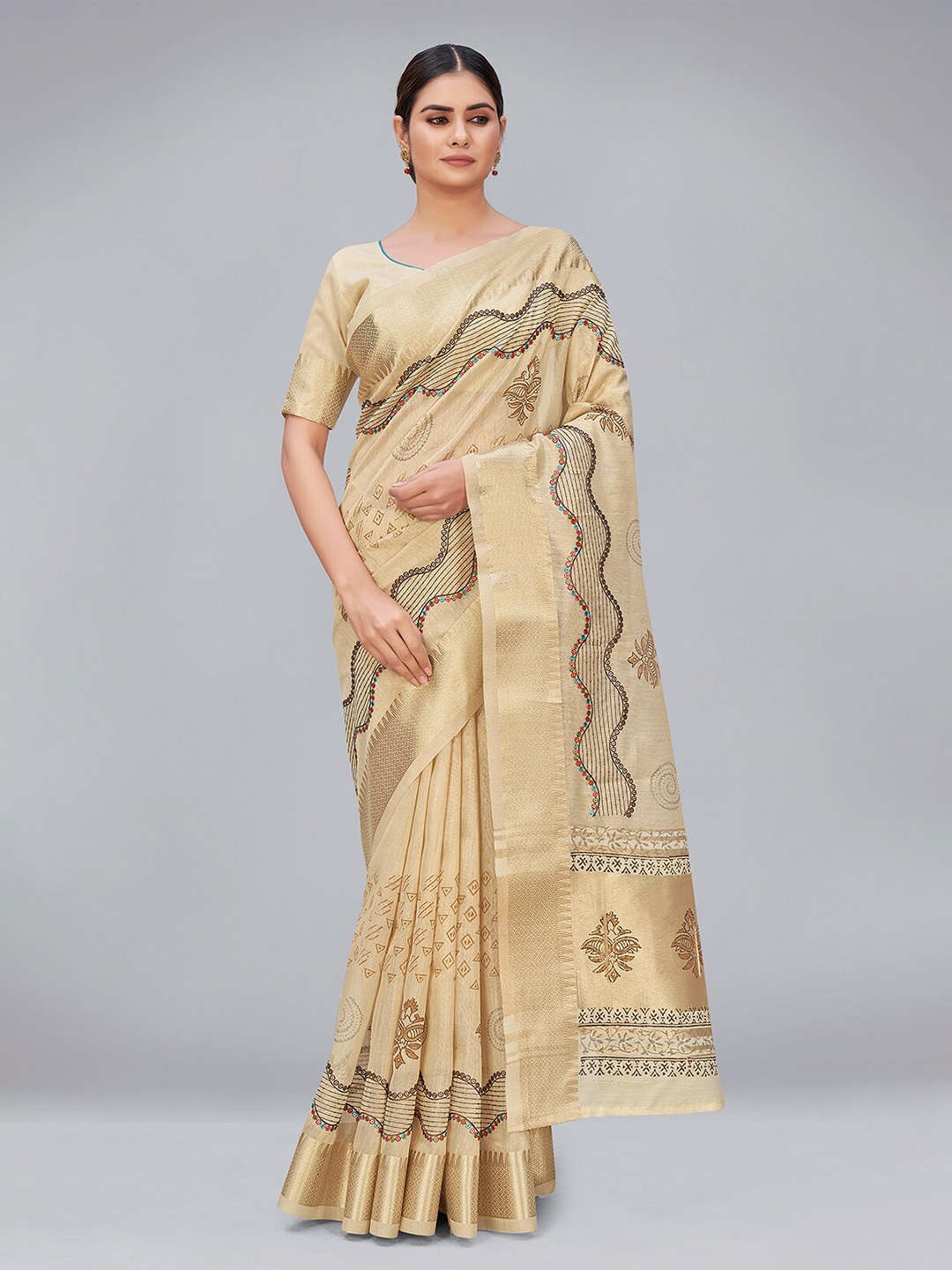 

MONJOLIKA FASHION Beige & Blue Woven Design Sequinned Tissue Bhagalpuri Saree