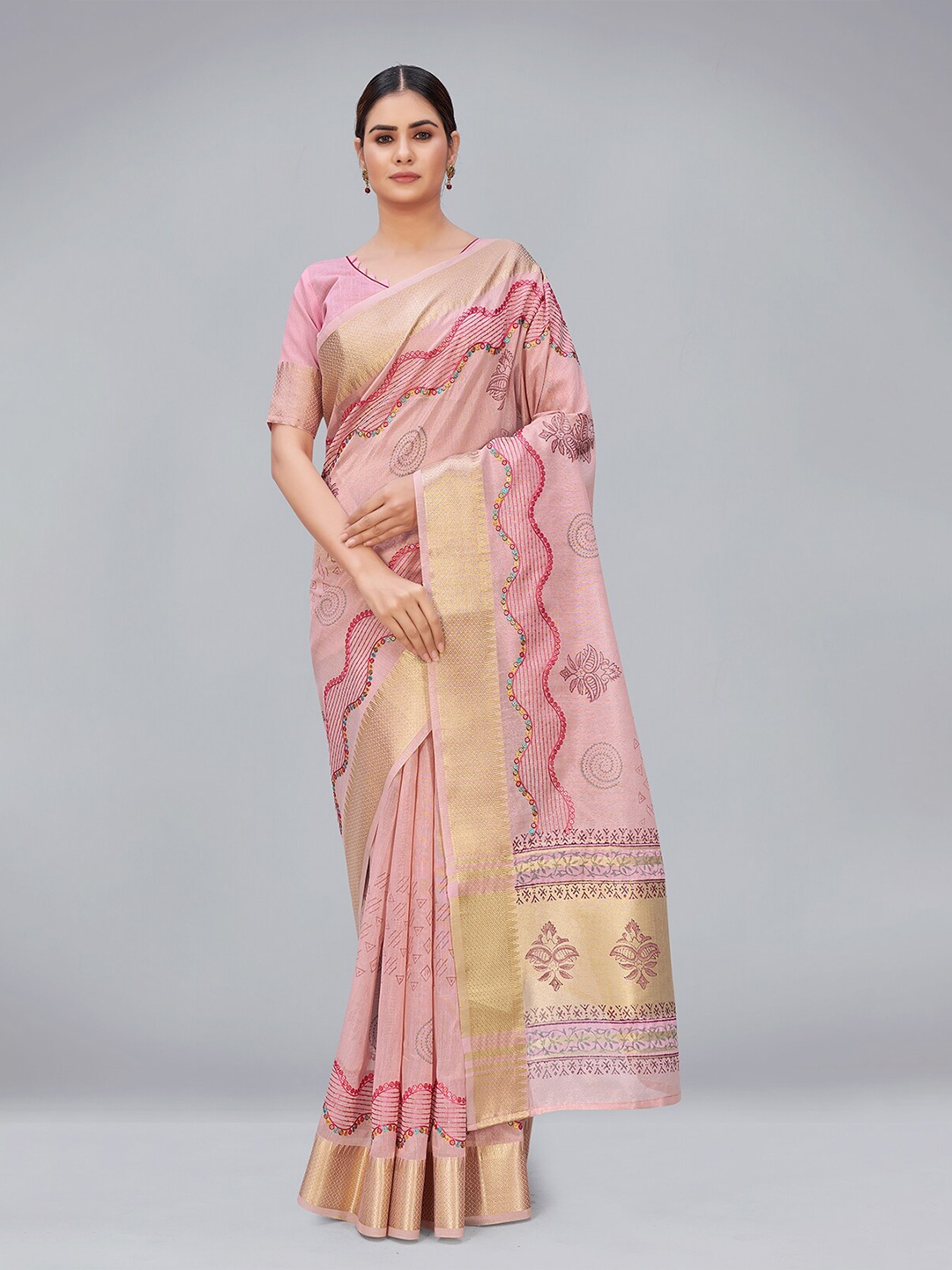 

MONJOLIKA FASHION Pink & Golden Embellished Tissue Bhagalpuri Saree