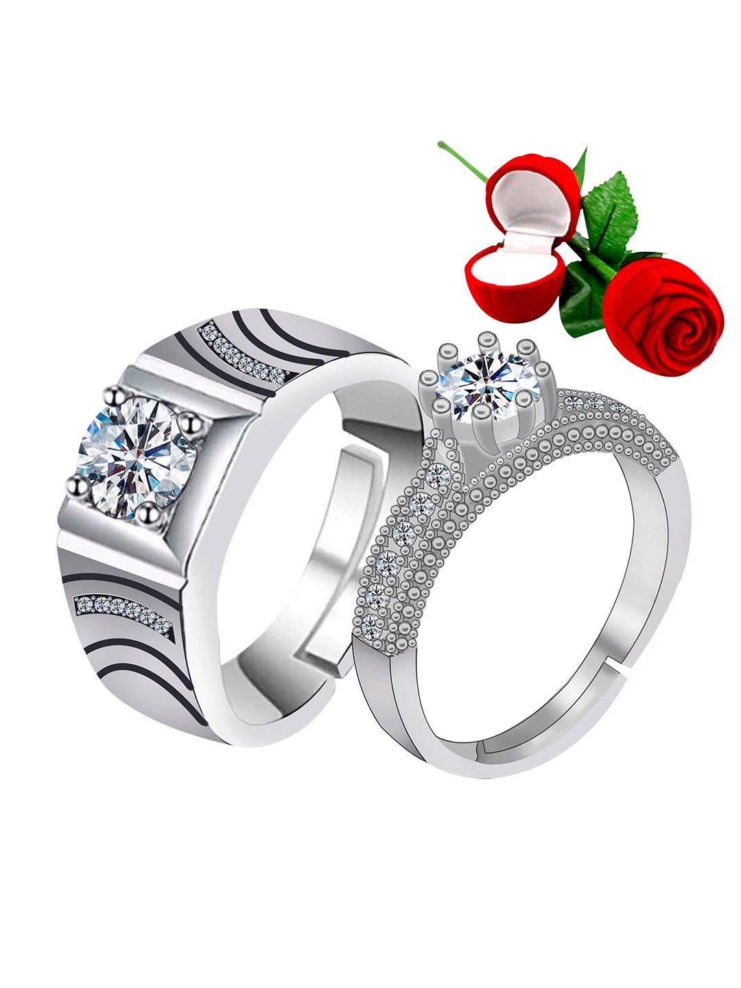 

Silver Shine Set Of 2 Silver-Plated White Stone-Studded Adjustable Finger Ring