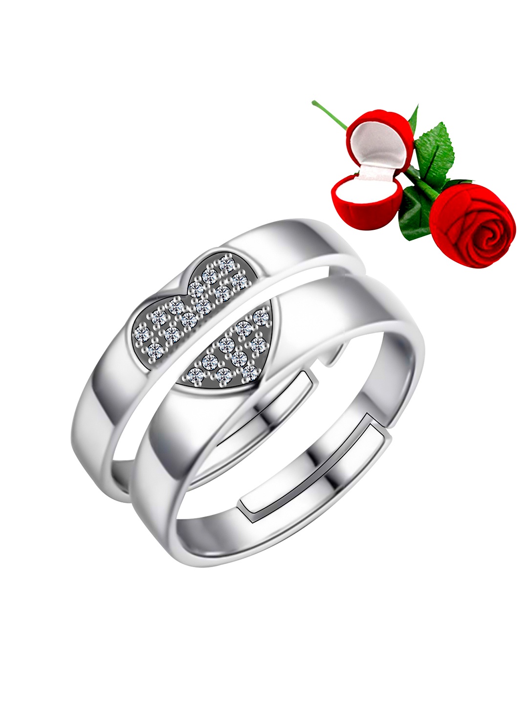 

Silver Shine Silver-Plated Diamond-Studded & Heart Shaped Couple Finger Ring