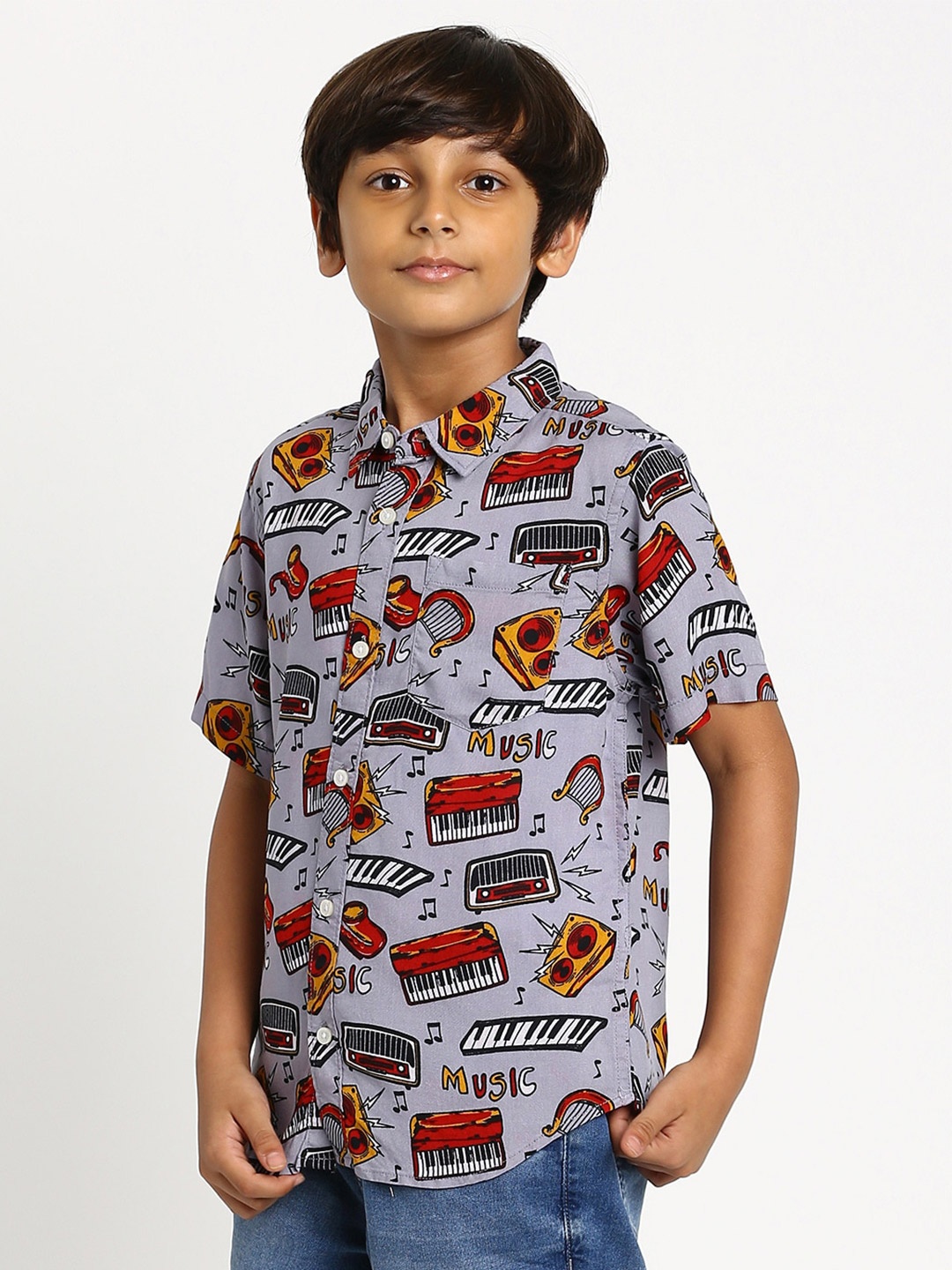 

MANET Boys Grey Classic Printed Casual Shirt