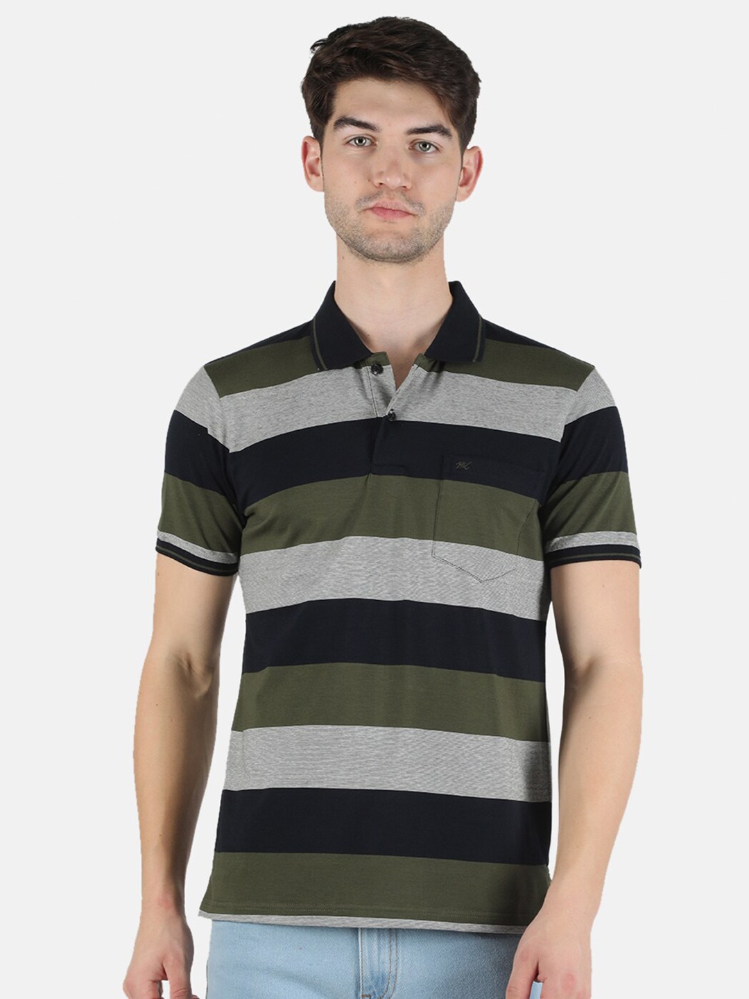 

Monte Carlo Men Olive Green Striped Polo Collar T-shirt