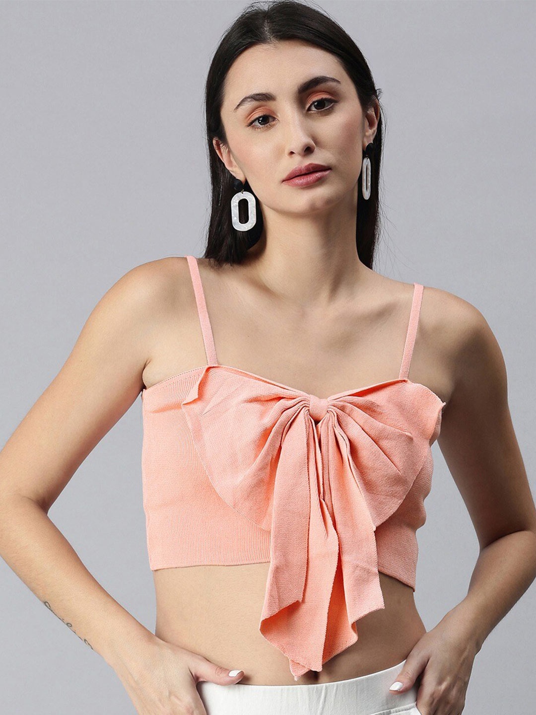 

SHECZZAR Peach-Coloured Solid Crop Top