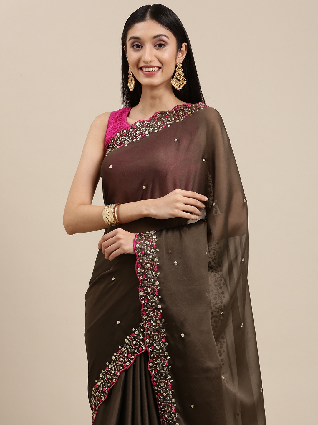 

PERFECTBLUE Coffee Brown Ethnic Motifs Organza Saree