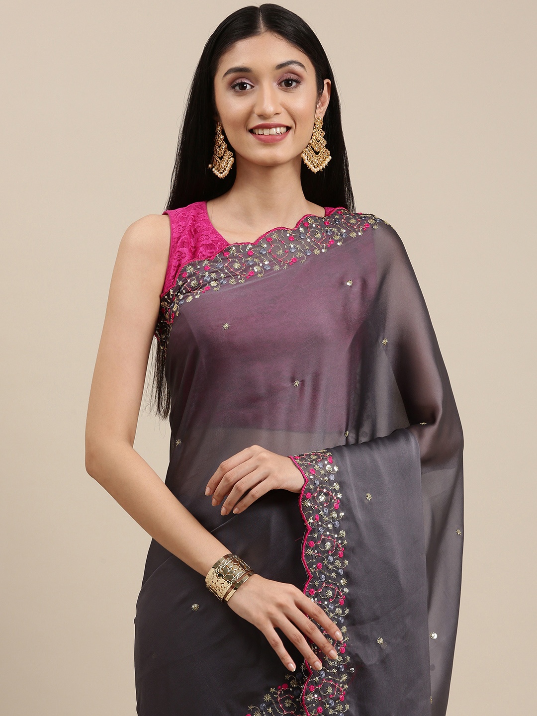

PERFECTBLUE Charcoal Ethnic Motifs Organza Saree