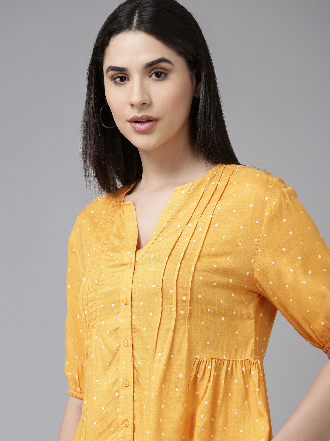 

Van Heusen Woman Polka Dot Printed Puff Sleeve Top, Yellow