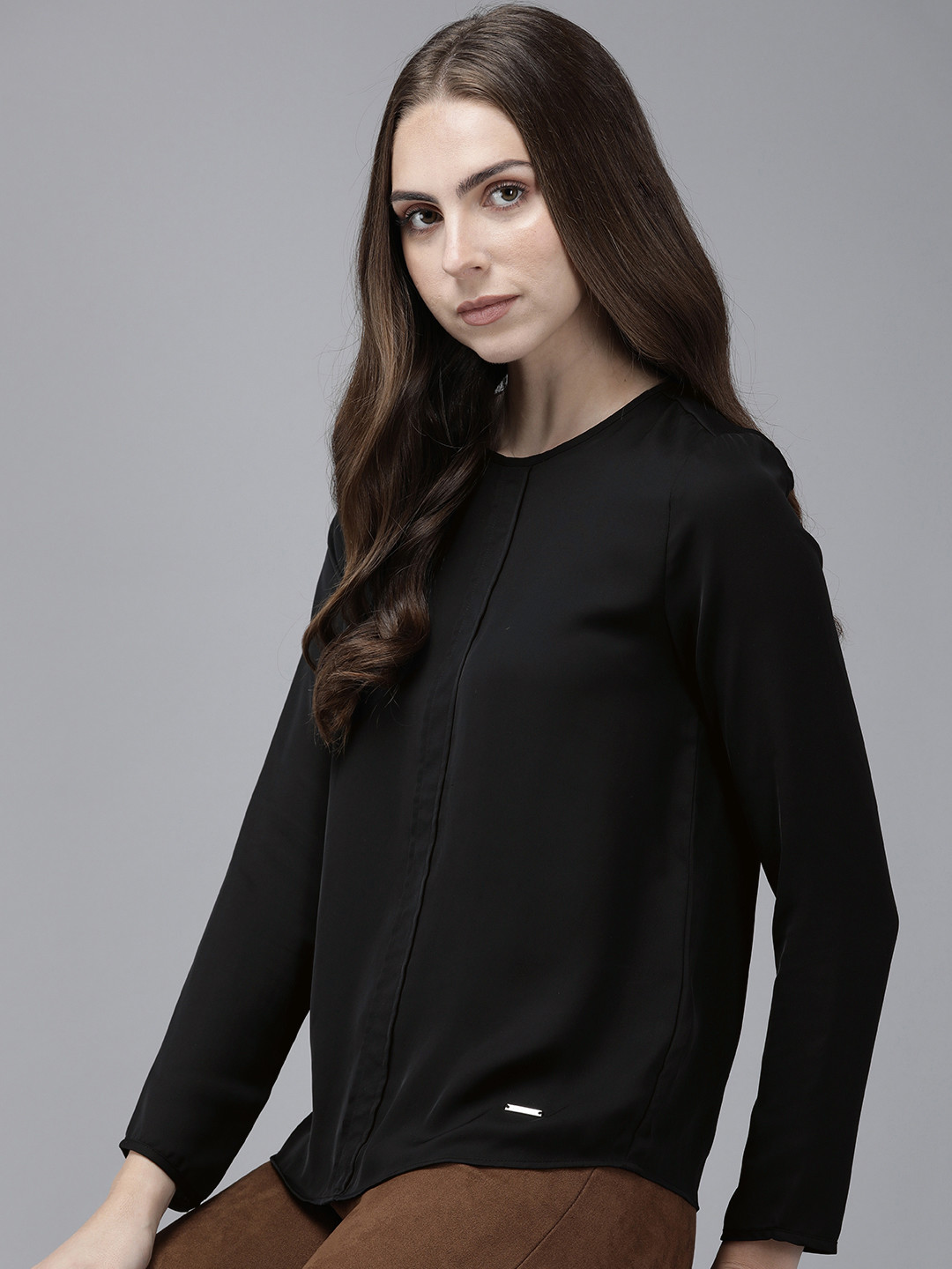 

Van Heusen Woman Solid Round Neck Long Sleeves Regular Top, Black