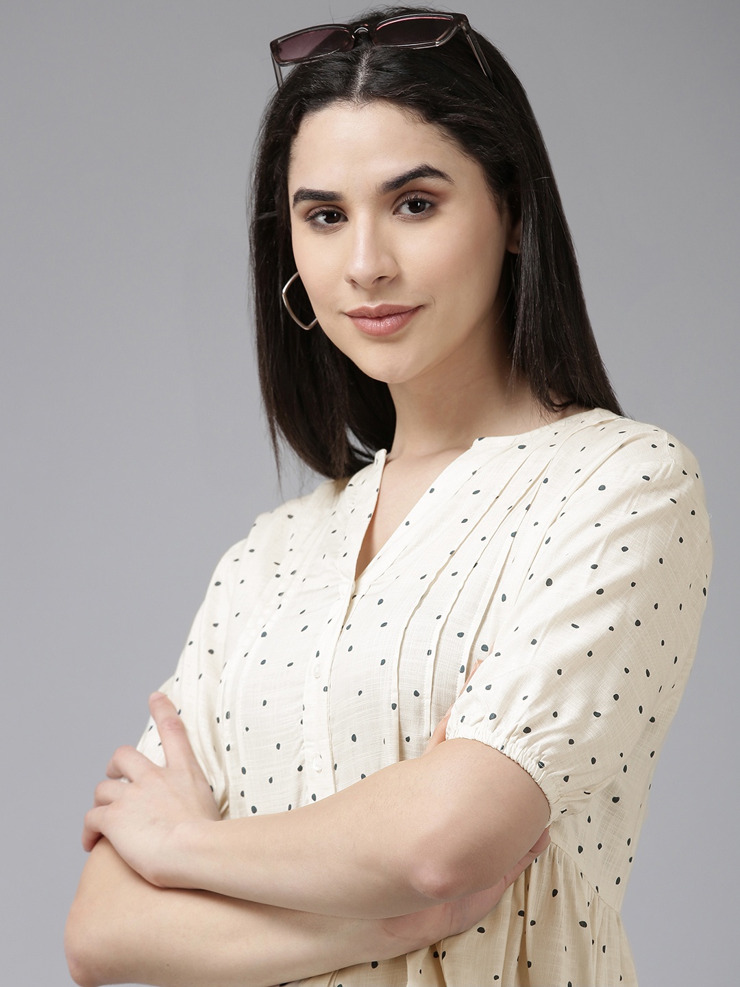 

Van Heusen Woman Polka Dot Printed Puff Sleeve Top, Off white