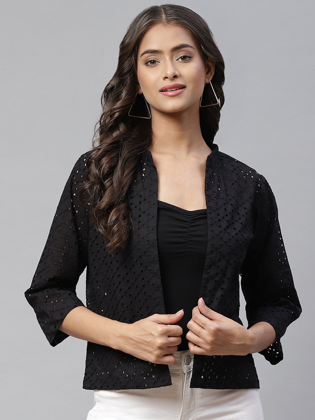 

Ayaany Women Black Schiffli Pure Cotton Shrug