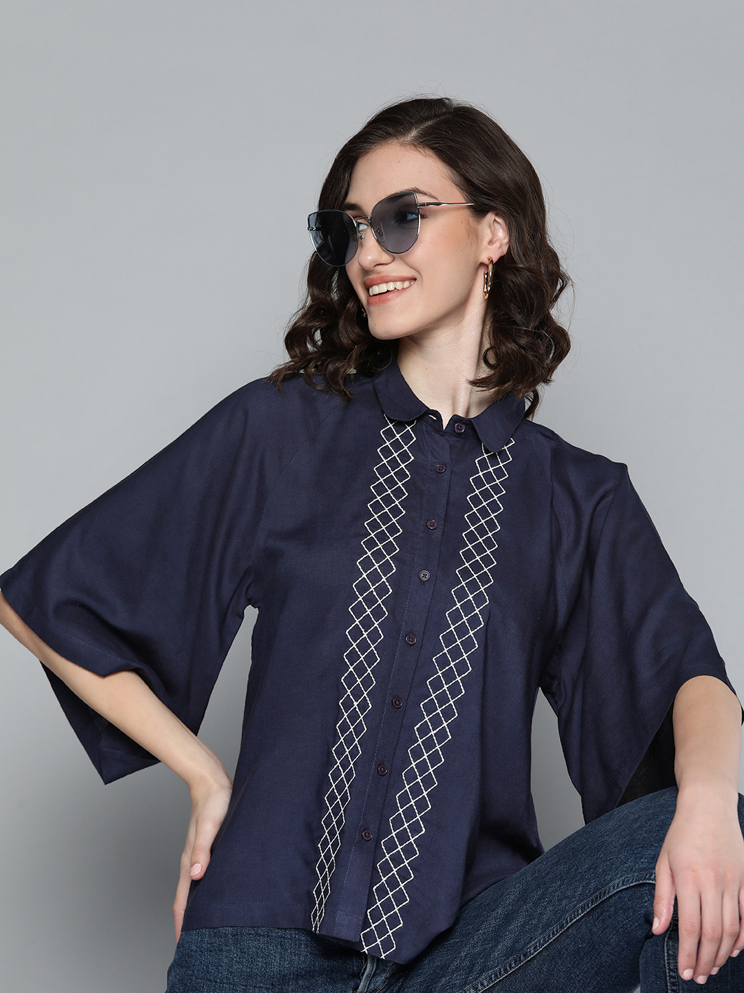 

HERE&NOW Women Navy Blue & White Geometric Embroidered Top