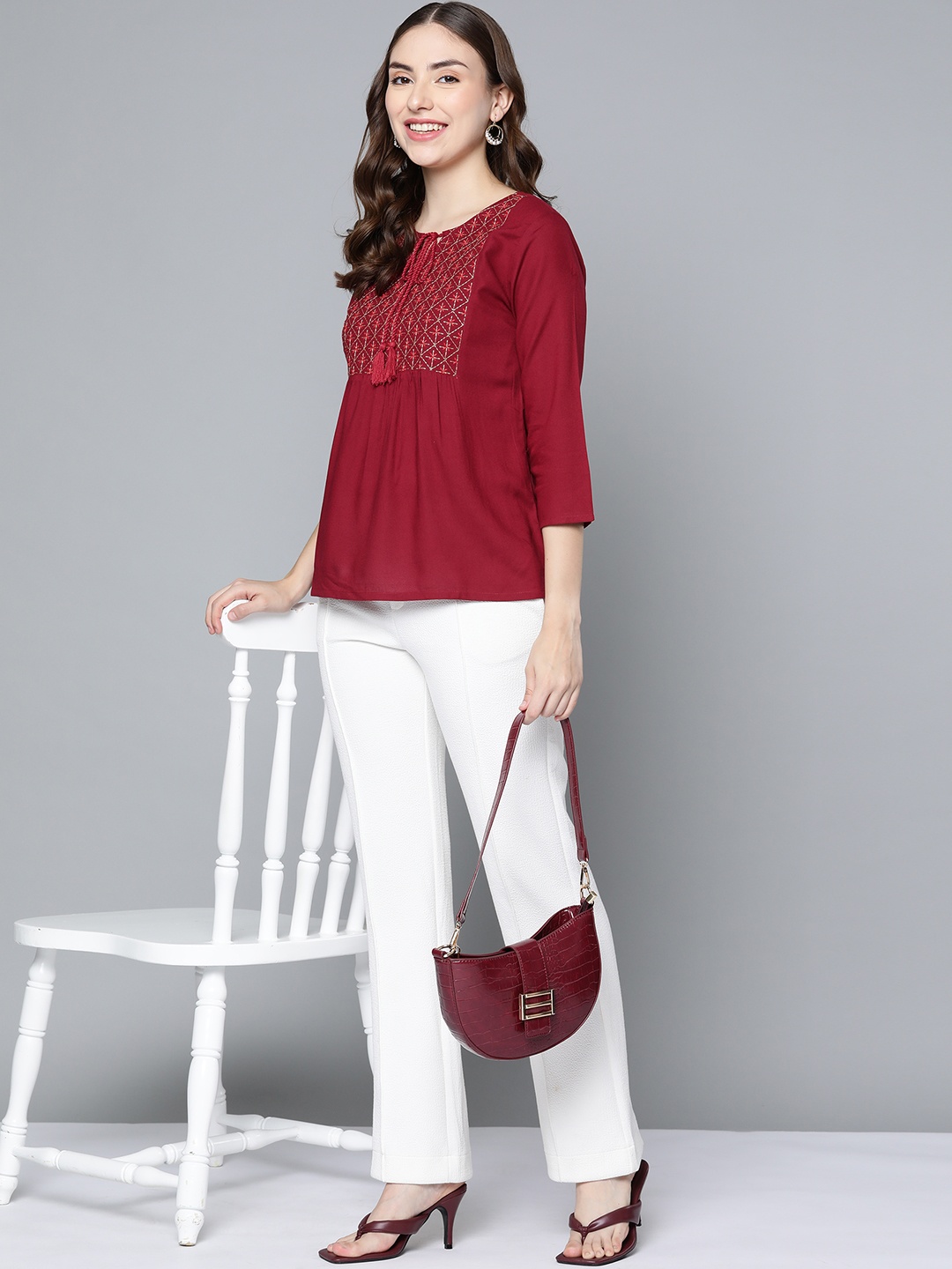 

HERE&NOW Maroon Embroidered Tie-Up Neck Top