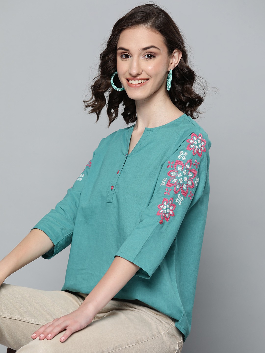 

HERE&NOW Women Sea Green Pure Cotton Floral Embroidered Detail Roll-Up Sleeves Top