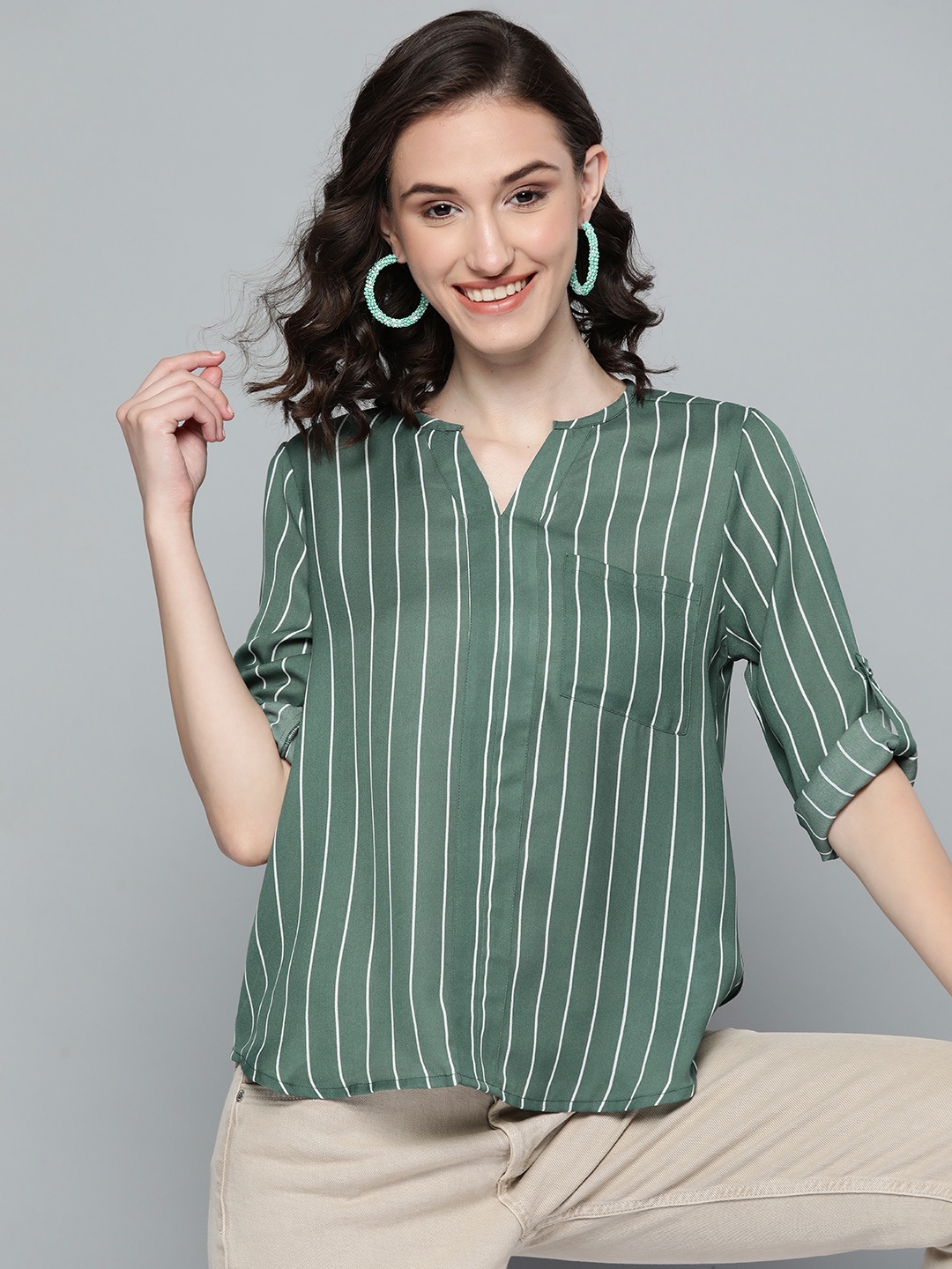

HERE&NOW Women Green & White Striped Roll-Up Sleeves Top