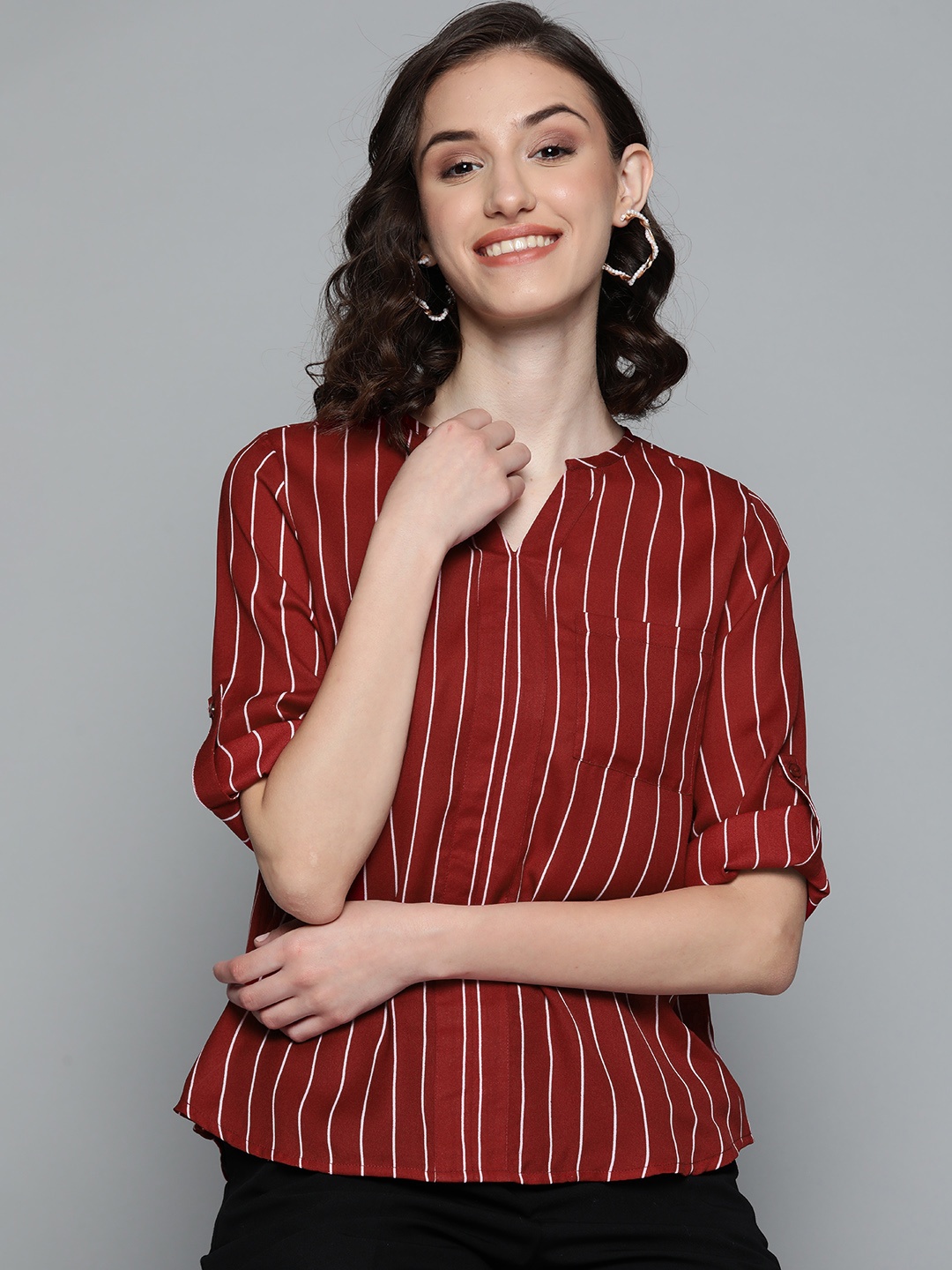 

HERE&NOW Women Maroon & White Striped Roll-Up Sleeves Top