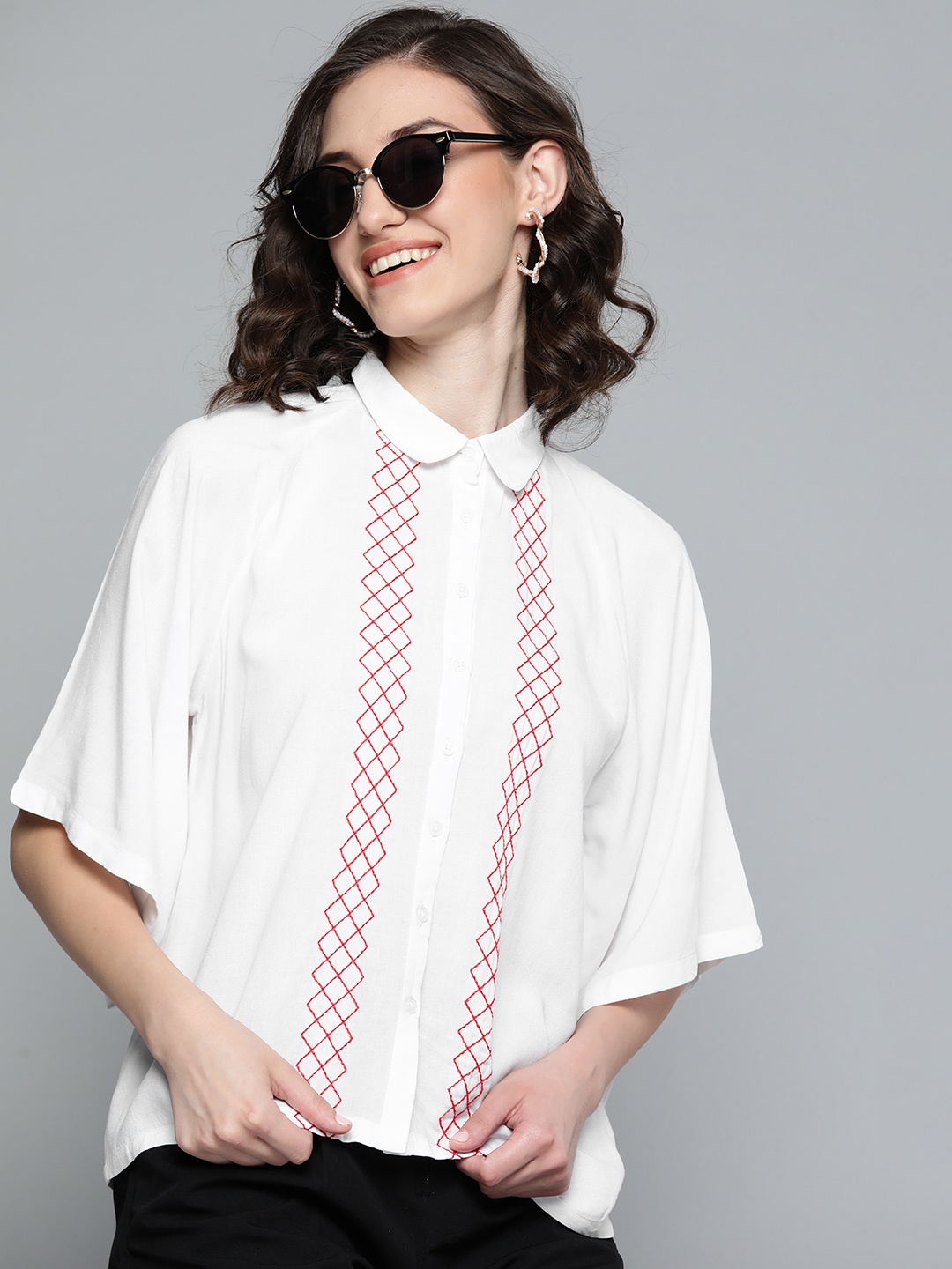 

HERE&NOW Women White & Red Geometric Embroidered Top