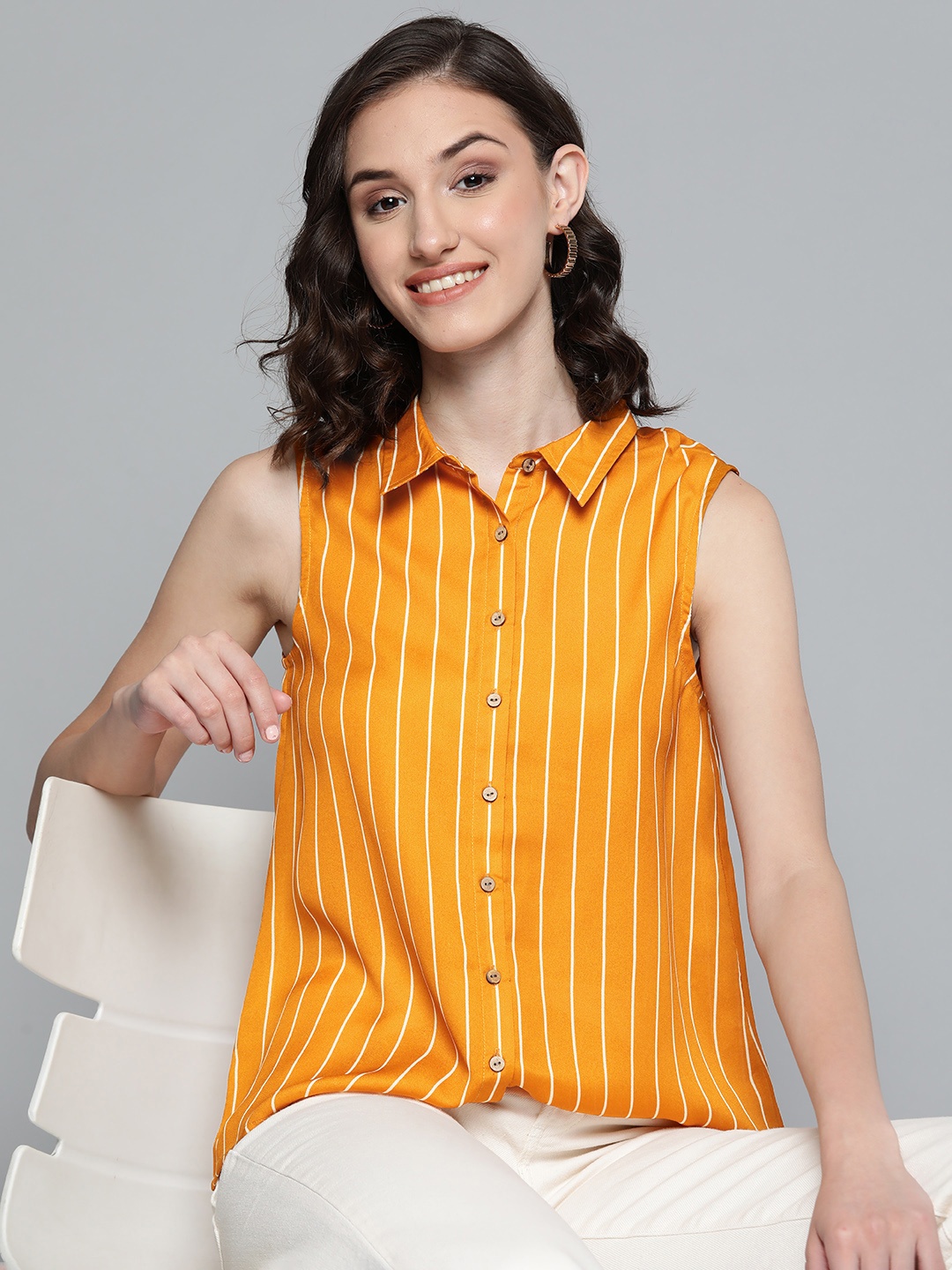 

HERE&NOW Women Mustard Yellow & White Striped Top